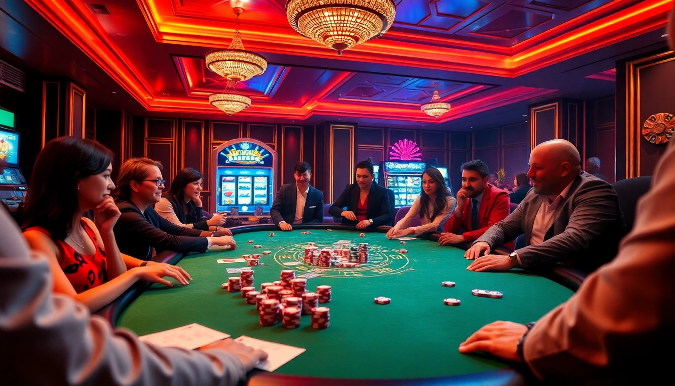 Experience excitement at go8 casino with players engaged in poker and vibrant slot machines.