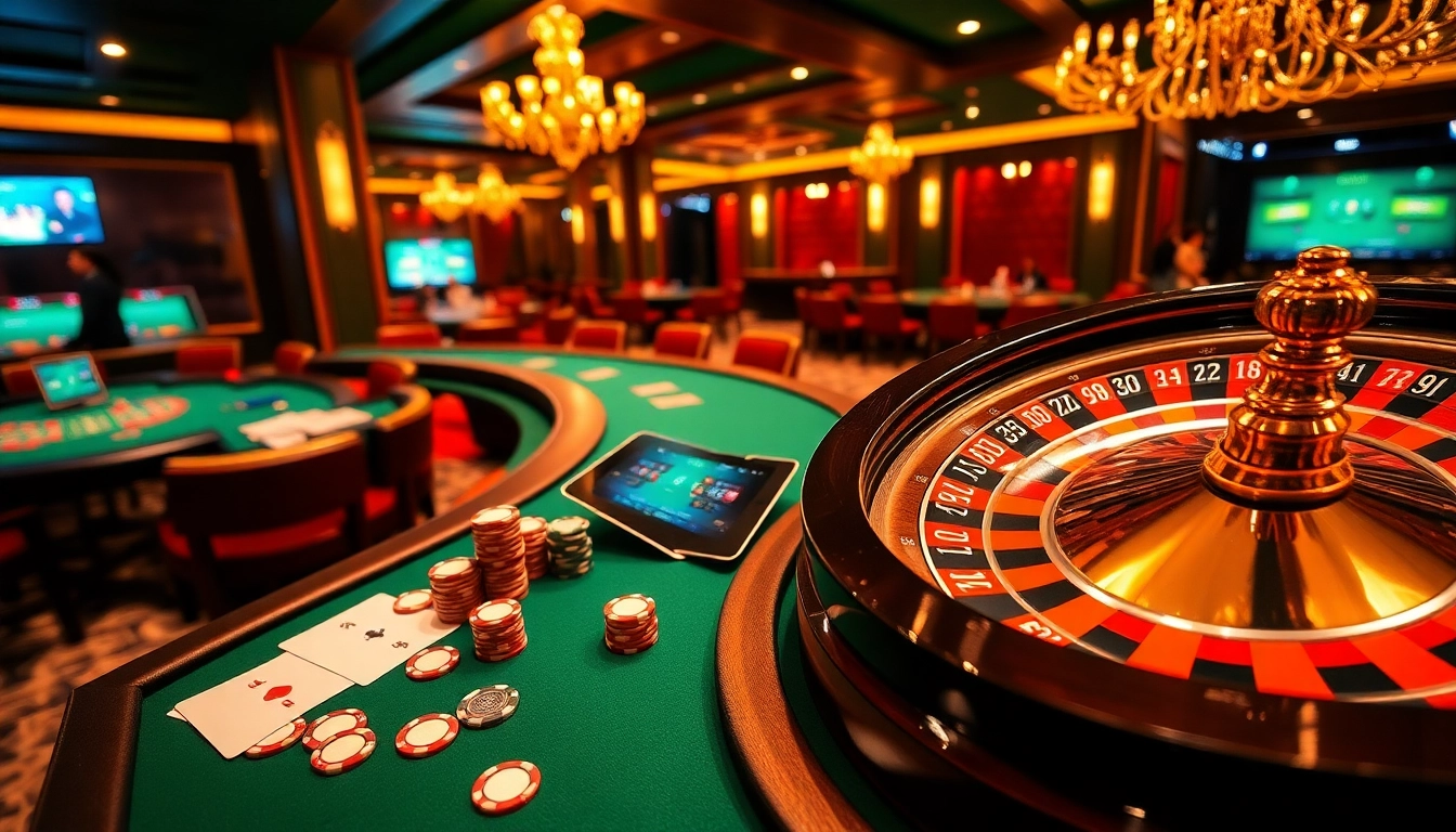 Experience the thrill of high-stakes gaming at https://vb88org.com/, featuring casino tables and a roulette wheel.