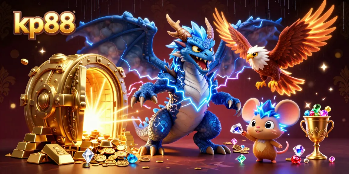 Play thrilling casino games at kp88 where a thunder dragon and glowing hawk defend treasures.