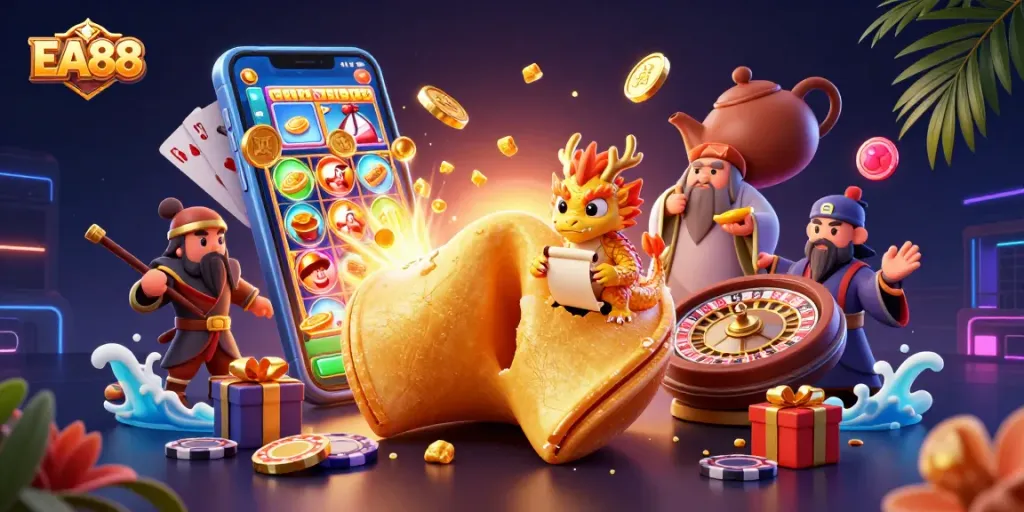 Play immersive EA88 slot games with golden fortune cookies and wise dragons in action.