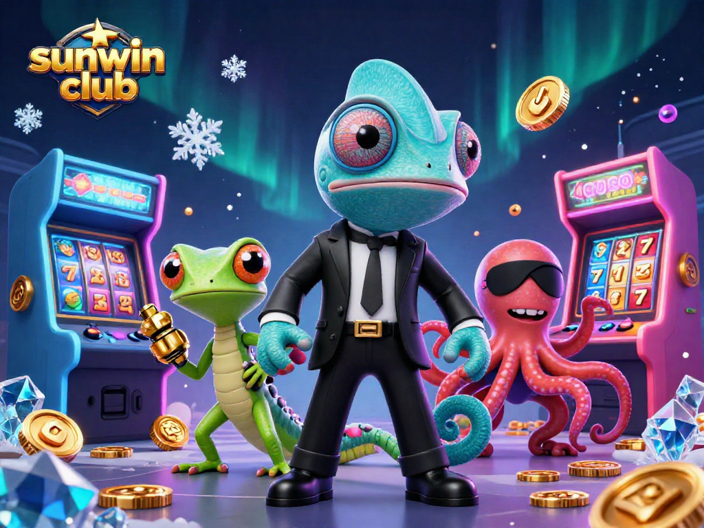 Engage with the sunwin club in this vibrant 3D casino scene featuring colorful slot machines and characters.
