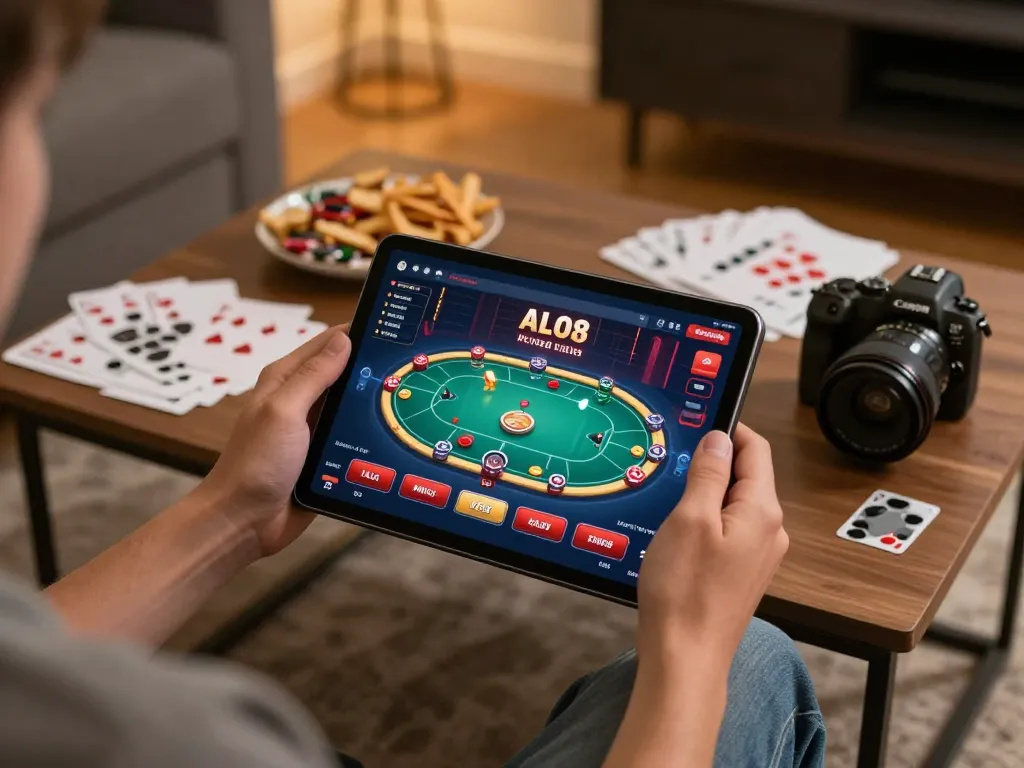 Player using ALO8 online casino interface on tablet, showcasing immersive gaming experience.