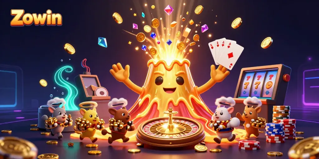 Experience Zowin with a thrilling eruption of coins and treasures in this engaging casino illustration.