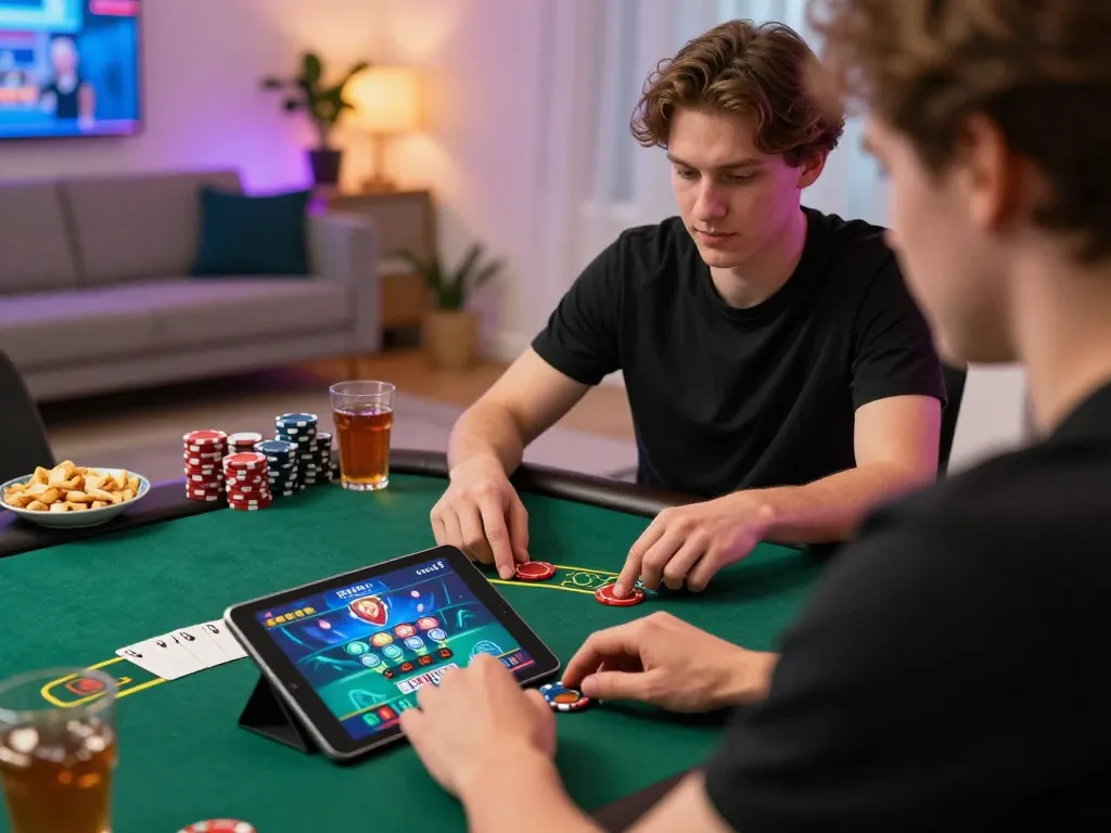 vb88 nhà cái player enjoying live blackjack on tablet in cozy home with snacks