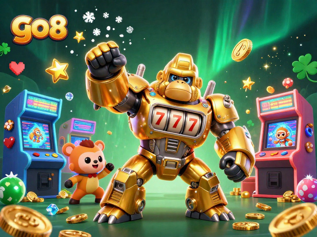 Engage with go 88 in this vibrant 3D scene featuring a golden gorilla mech amidst glowing arcade machines and casino elements.