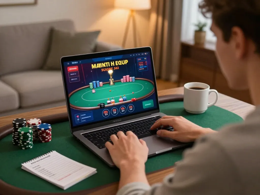 Player engaged in online gambling at 8kbet, immersed in a poker game with strategic notes.
