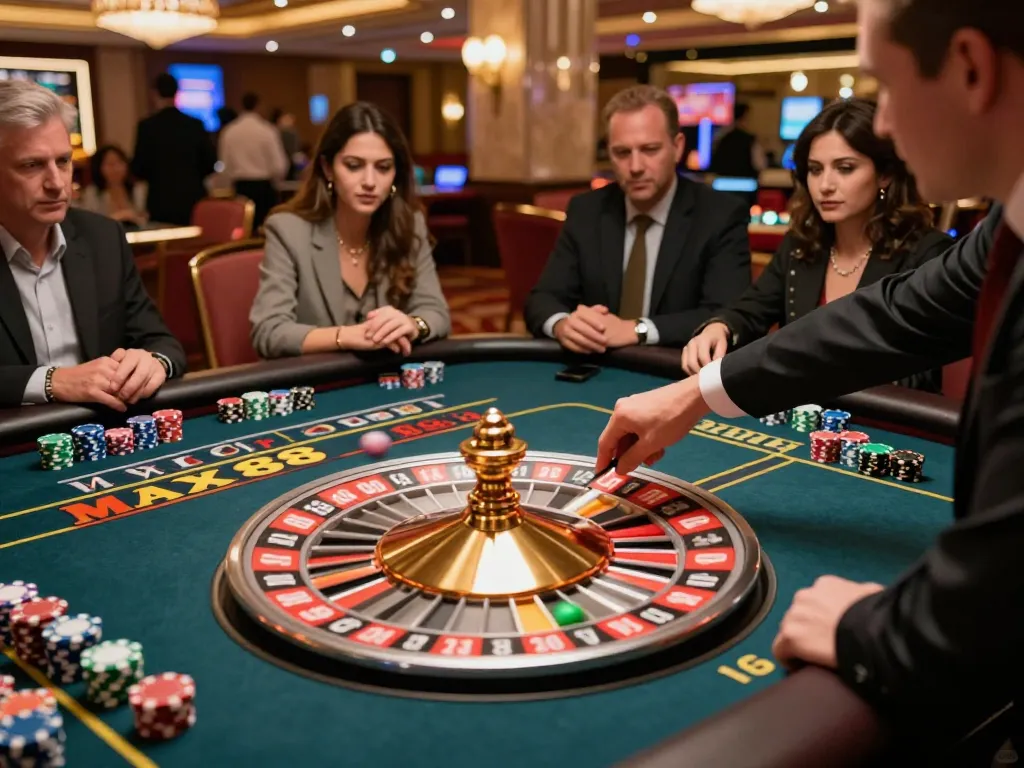 MAX88 roulette gameplay showcasing a spinning wheel and engaged players in a vibrant casino atmosphere.