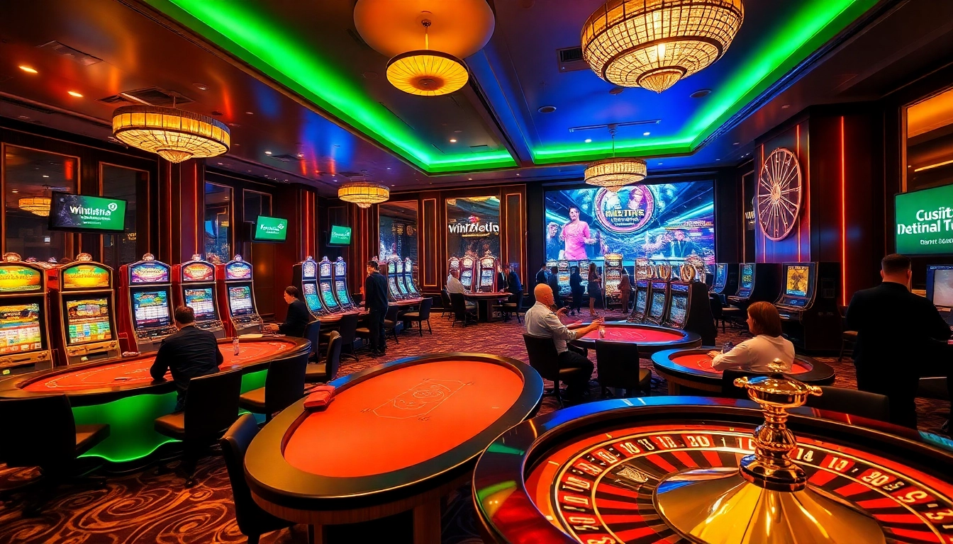 Experience high-stakes action at win678.com with engaging players, luxurious casino atmosphere, and vibrant slot machines.