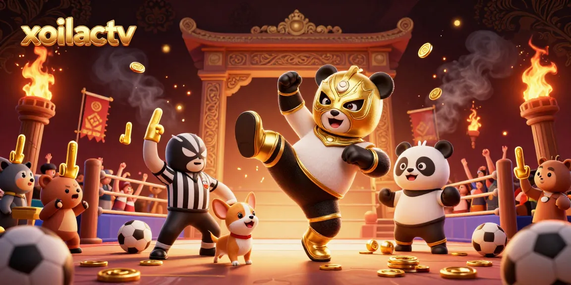 Bet on exciting sports moments with xoilactv as the panda wrestler delivers a flying kick amidst a cheering crowd.