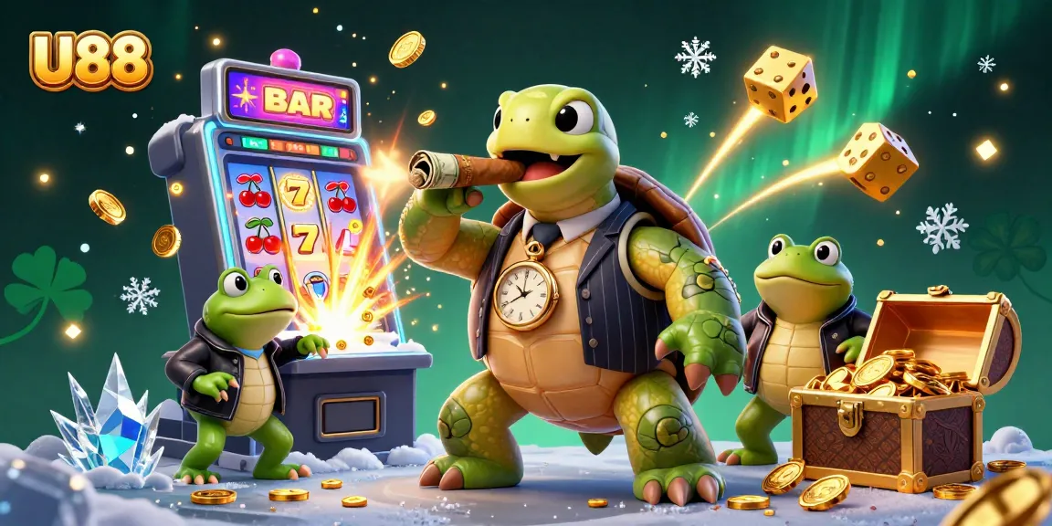Experience thrilling gameplay with U88's massive slot machine and charming characters in a vibrant casino scene.