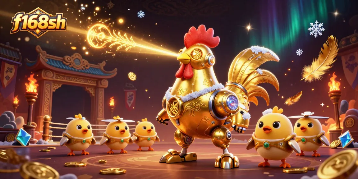 Engage in thrilling gameplay at f168sh with a retro-futuristic golden rooster robot dramatically animated.