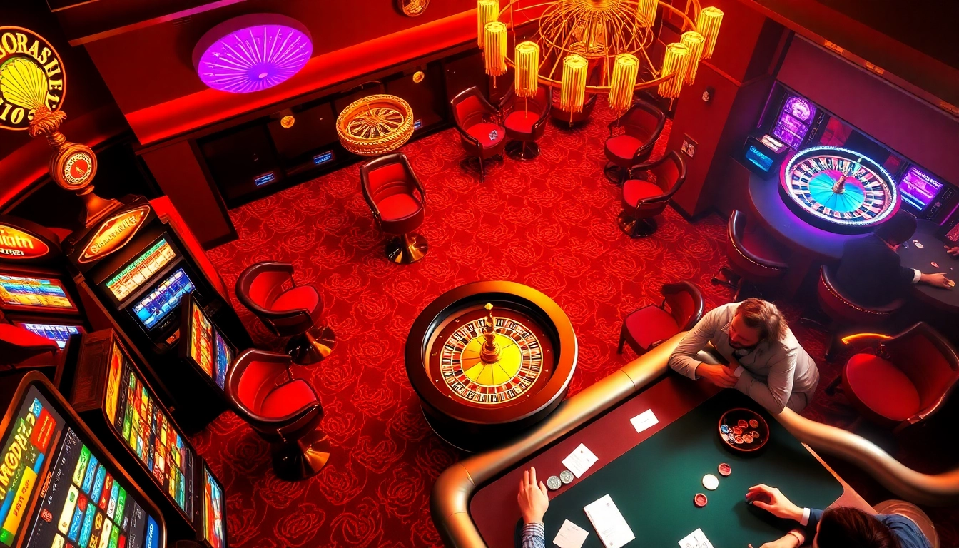 Players enjoying a thrilling poker game at 789VN casino, surrounded by vibrant slot machines.
