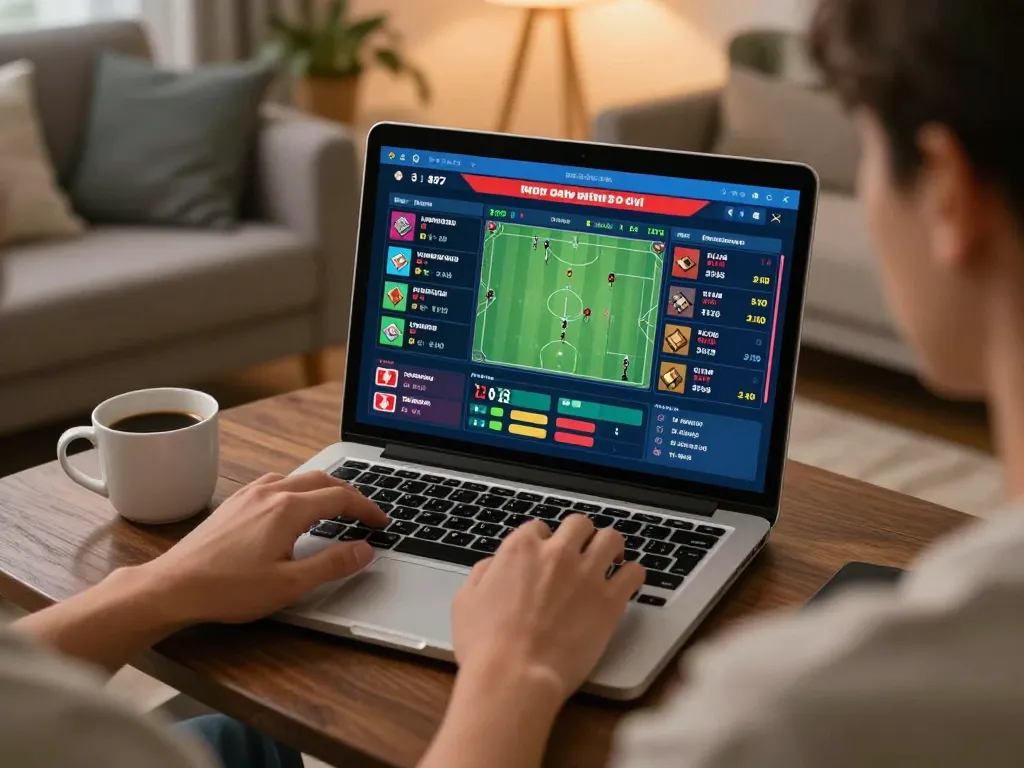 Placing online bets with ty le keo nha cai on a laptop during a cozy sports event.
