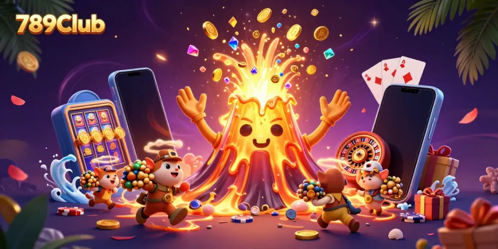 Join the excitement at 789Club with treasures erupting from a golden volcano in this dynamic illustration.