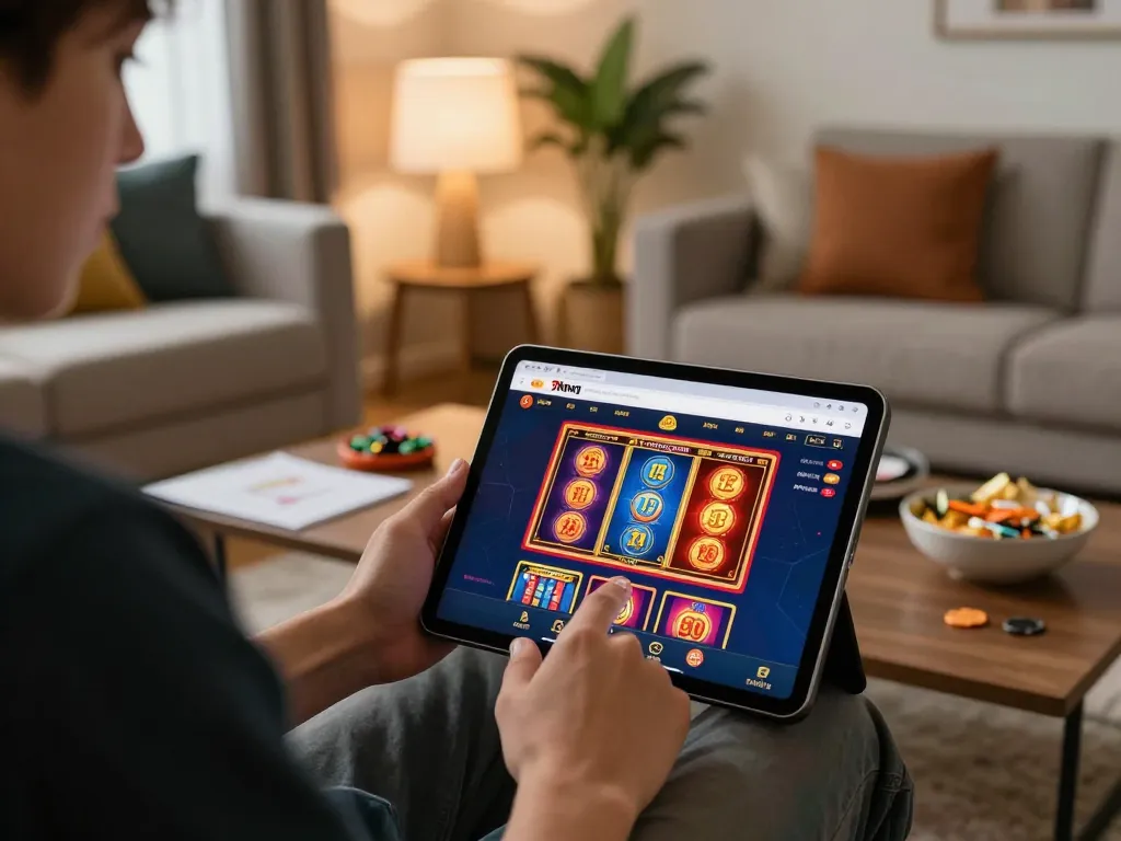 Engaging in online gaming at 79king with vibrant slots and poker ambiance in a cozy setting