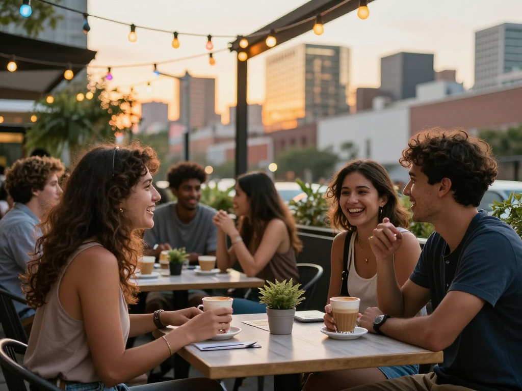 Engaging outdoor social scene at f168dating café with diverse individuals enjoying connections.