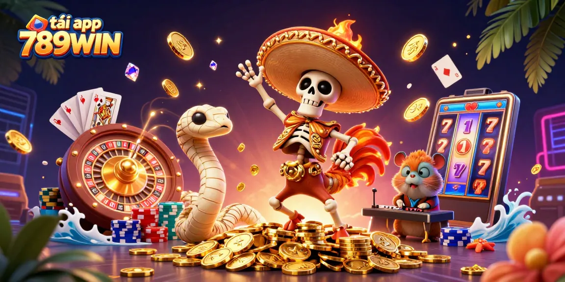 Experience fun and excitement in the 789WIN app with this colorful casino scene featuring dynamic characters and rich decorations.