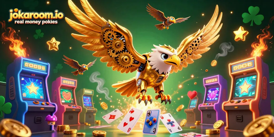 Engage with jokaroom.io real money pokies in a vibrant 3D casino illustration showcasing dynamic gaming elements.