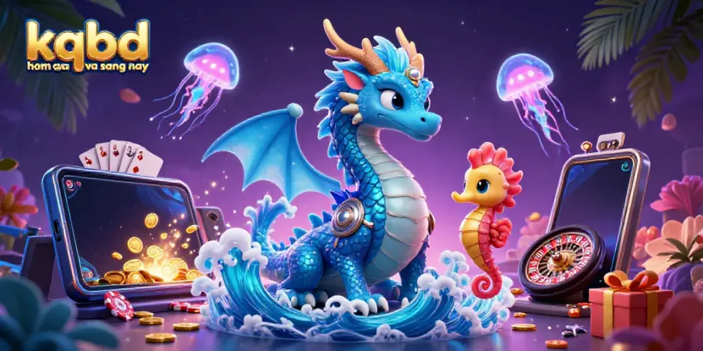 Engaging kqbd hom qua va sang nay scene with a vibrant azure water dragon, seahorse knight, and neon jellyfish, surrounded by casino elements.