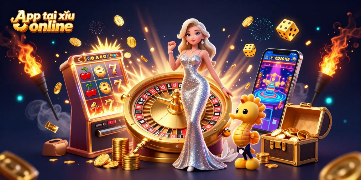 Play exciting games with the App tài xỉu online, featuring a glamorous casino scene with vibrant elements.