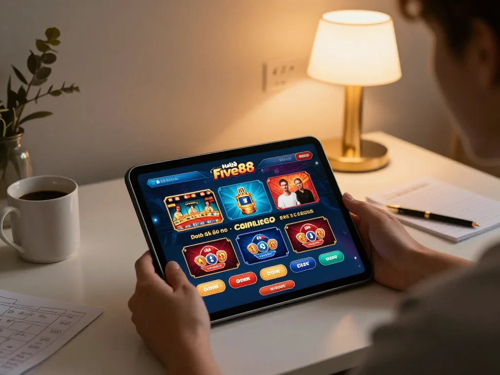 Betting on Nhà cái Five88 with a tablet while enjoying a cozy home atmosphere