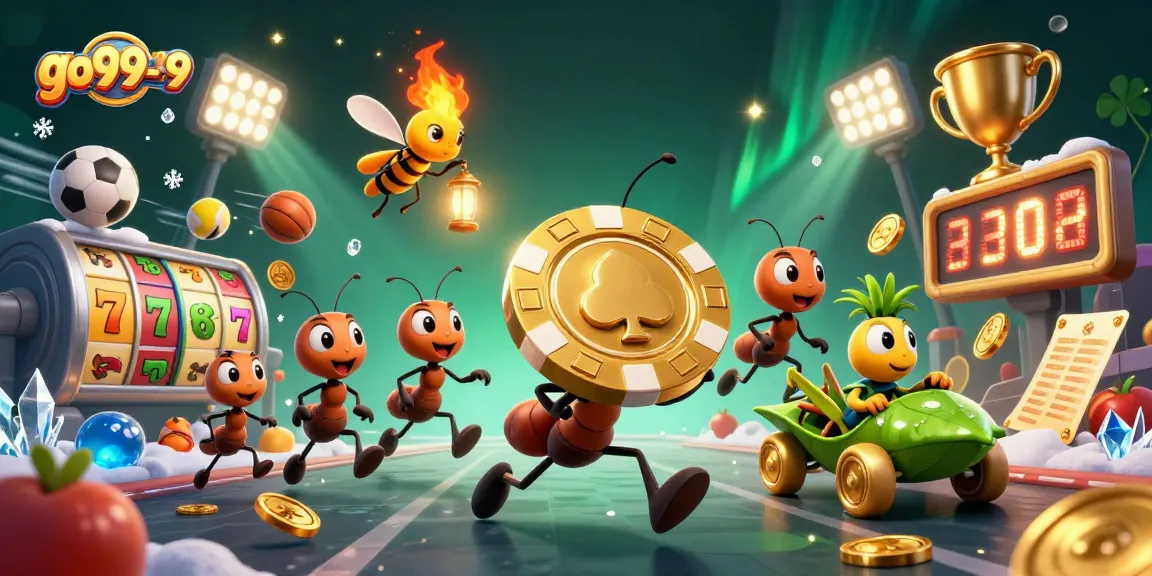 Experience thrilling action with go99-99 as ants heist a giant poker chip in an electrifying casino scene.