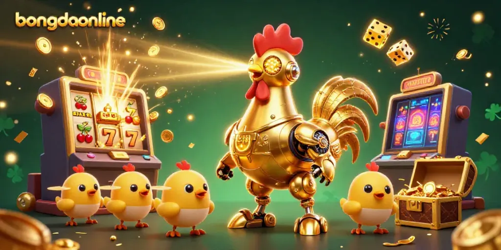 Engage with bongdaonline's thrilling slot adventure featuring a golden rooster robot amidst coins and prizes.