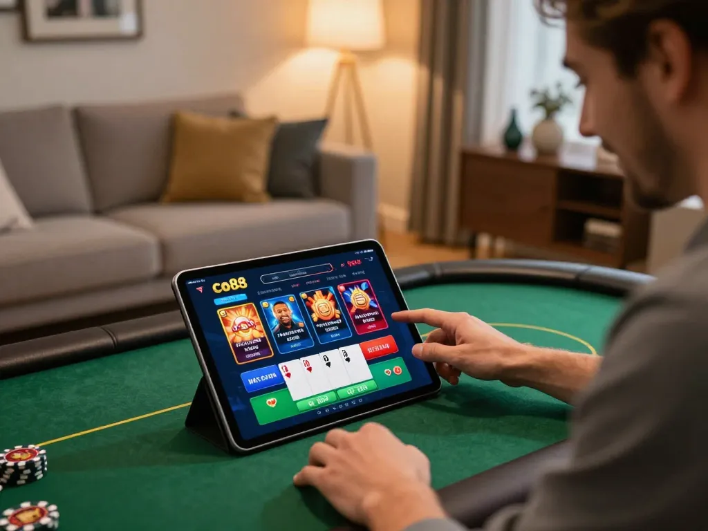 Player enjoying the co88 casino app on a tablet, showcasing vibrant graphics and winning excitement.