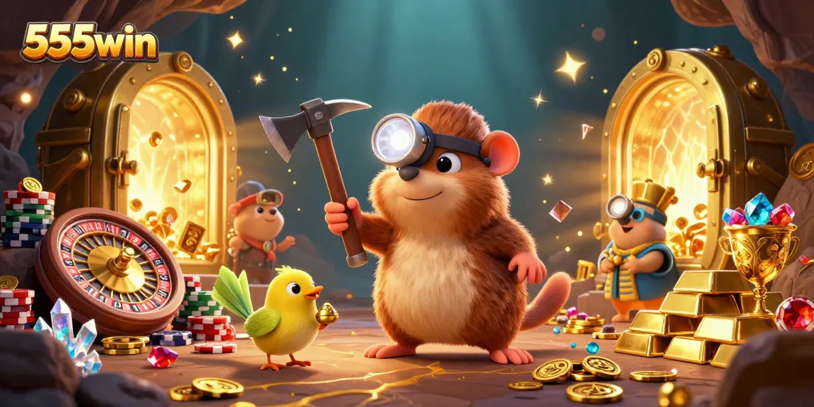 Experience thrilling gaming with 555win as the treasure hunter mole uncovers riches in this vibrant illustration.