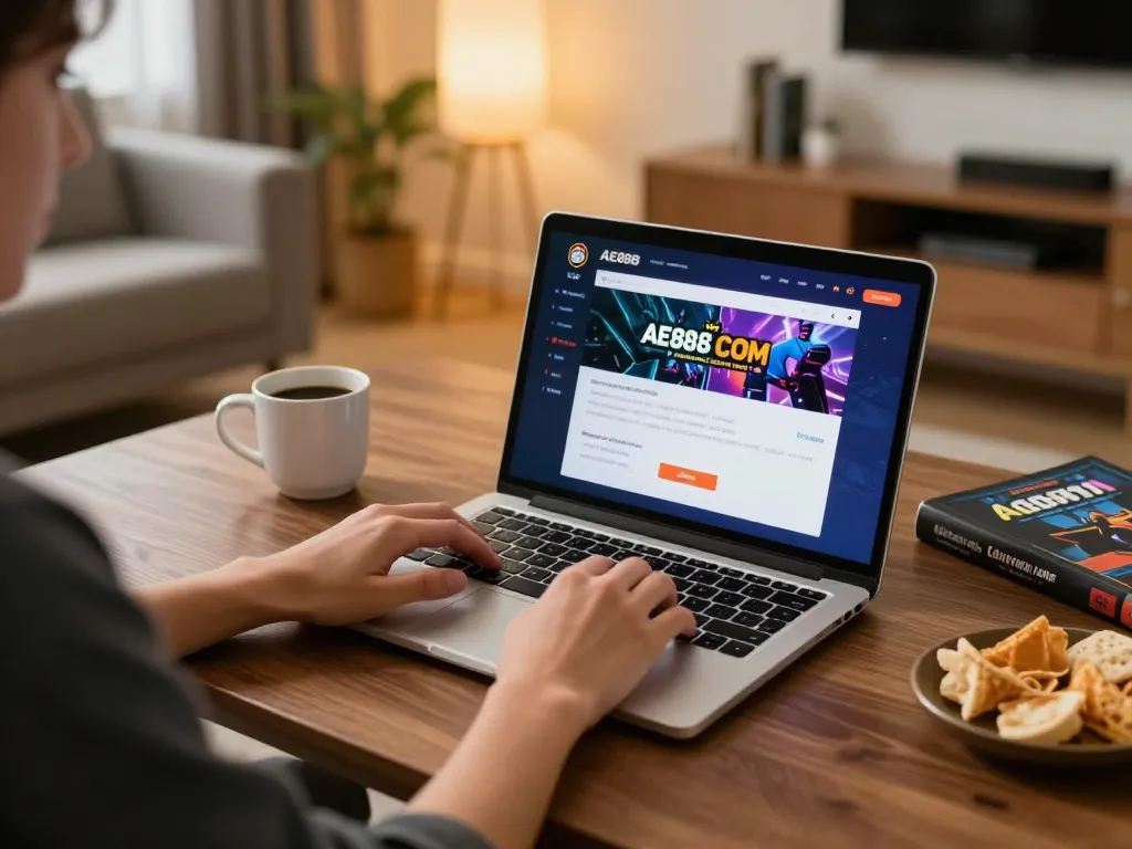 Engage with the AE888 COM online casino interface in a cozy home setting