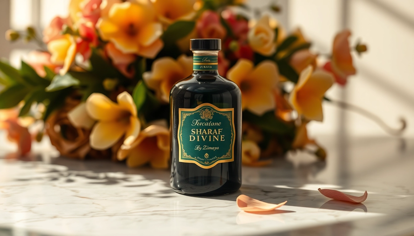 Proef de luxe van Sharaf Divine by Zimaya met een elegante fles en bloeiende elementen.