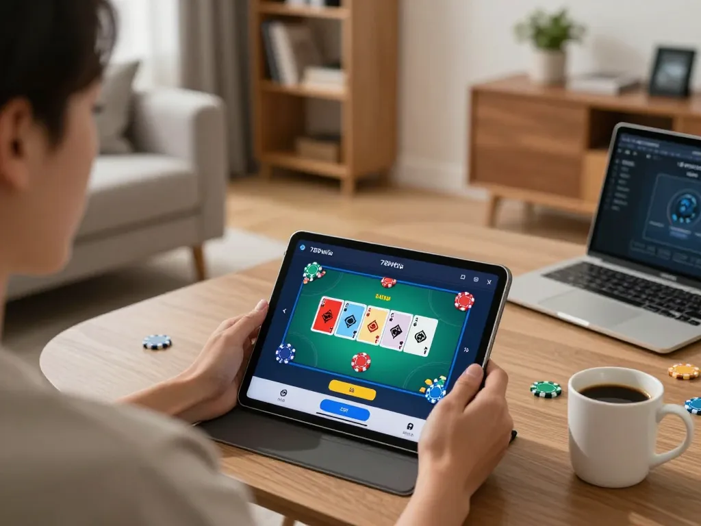 Person enjoying the 789win app on a tablet during a cozy home gaming session.