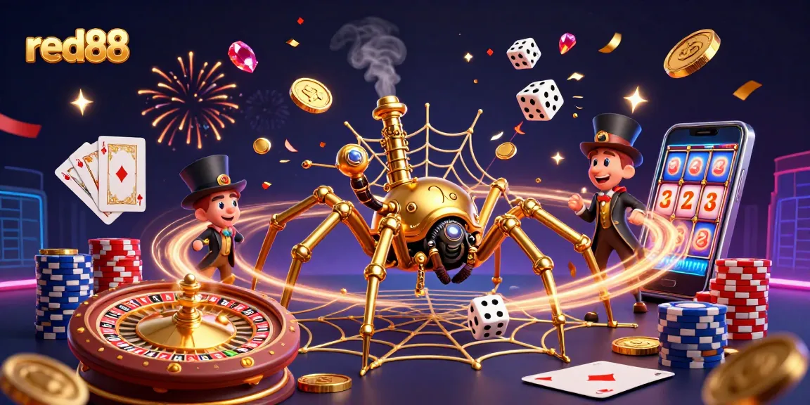 Engage with the thrilling world of red88 casino gaming, featuring a dynamic steampunk spider and exciting game elements.