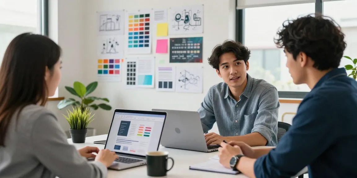 Website laten maken: Een webontwikkelaar die samenwerkt met een klant in een modern kantoor, en ontwerpen en analyses toont.
