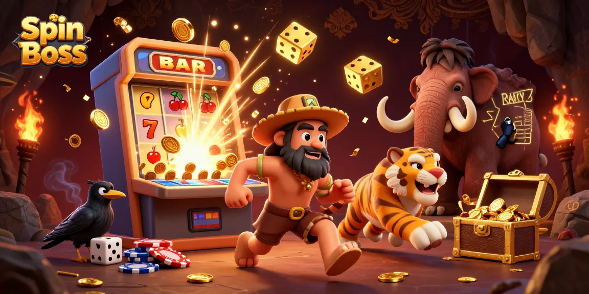 Spin Boss online casino featuring cavemen and a sabertooth tiger amid a jackpot explosion of coins.