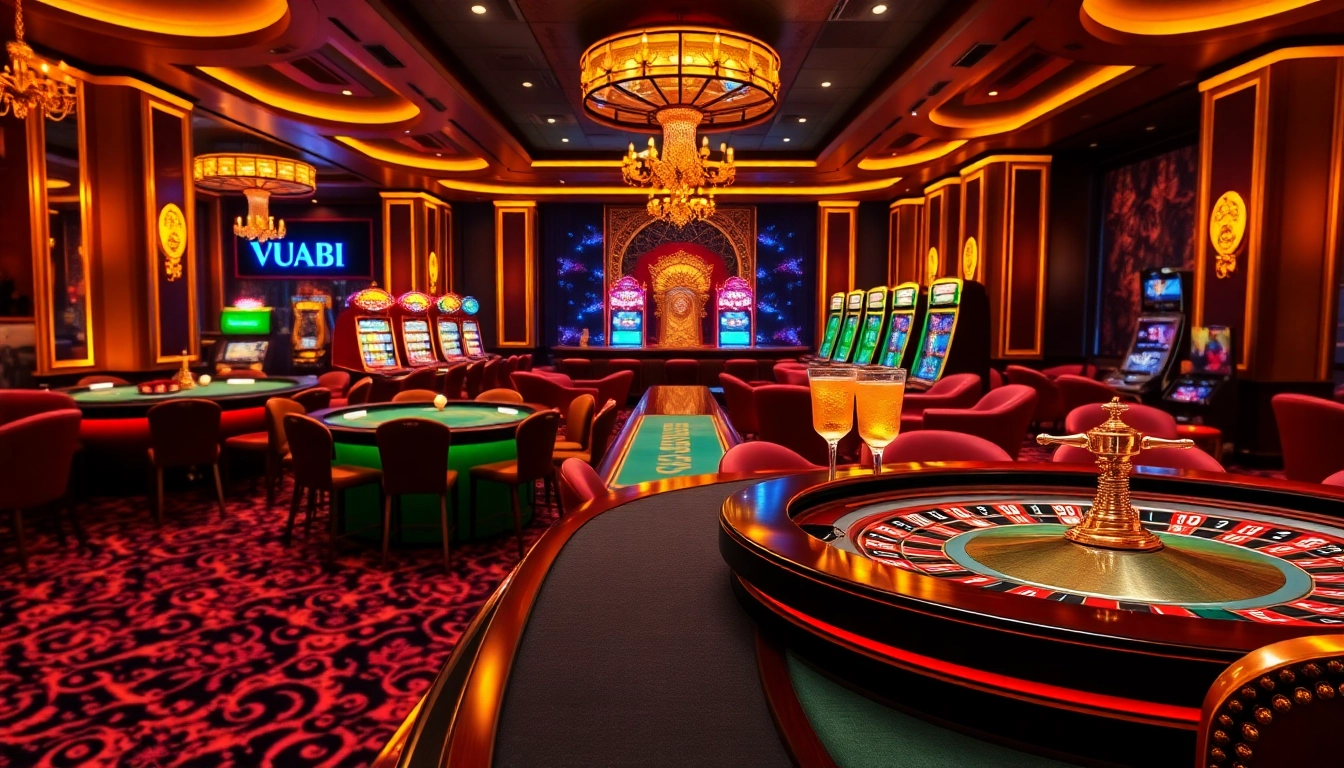 Experience the excitement of Vuabai9 online casino with luxury tables and vibrant slot machines.