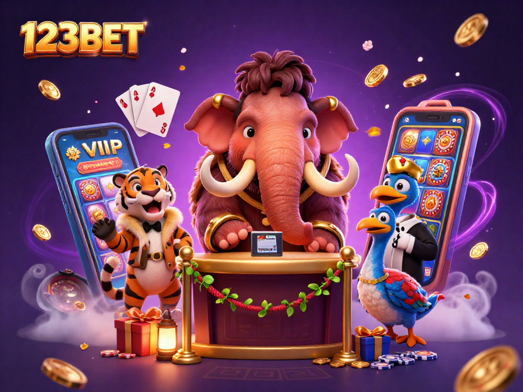 Engage with 123BET as a mammoth bouncer checks IDs at a vibrant casino scene.