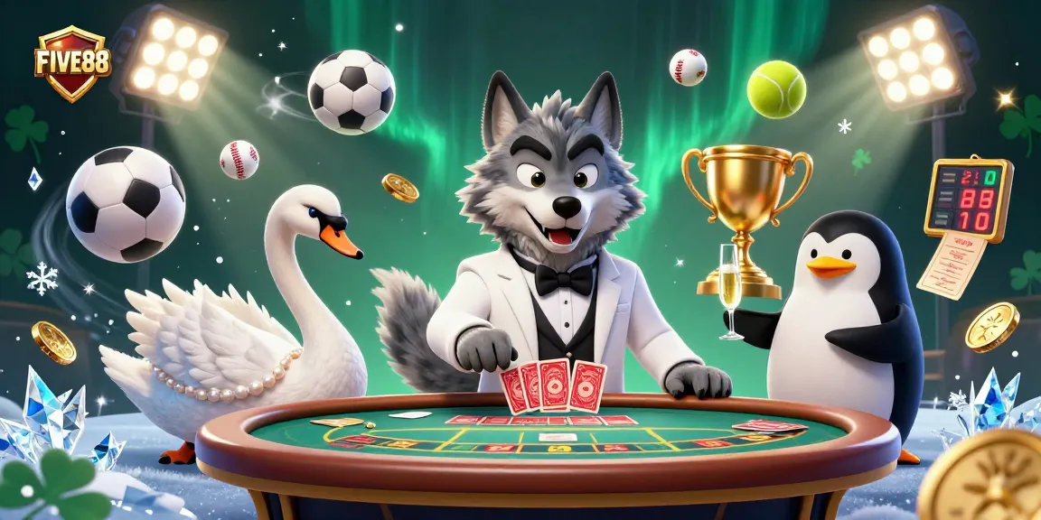 Engage with FIVE88 at a lavish baccarat table featuring a stylish wolf, swan dealer, and penguin sommelier.