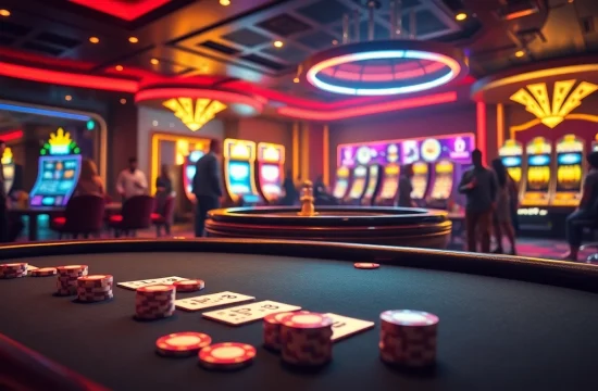 Exciting scene of a luxury casino featuring poker, roulette, and slot machines showcasing king88 specifically.