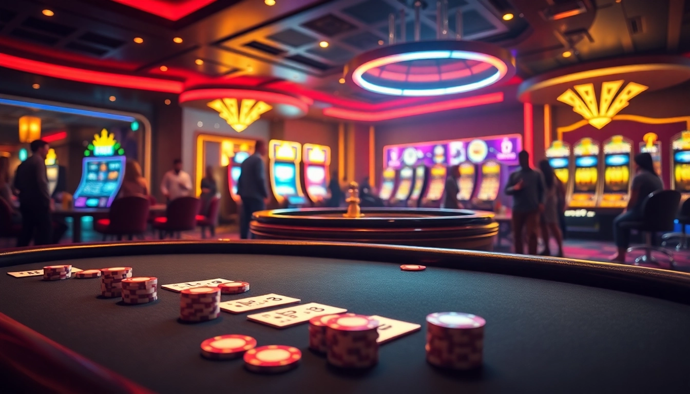 Exciting scene of a luxury casino featuring poker, roulette, and slot machines showcasing king88 specifically.
