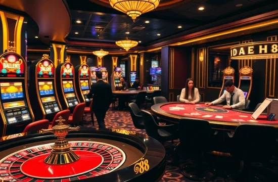 Exciting gambling atmosphere at DA88 casino with vibrant slot machines and roulette.
