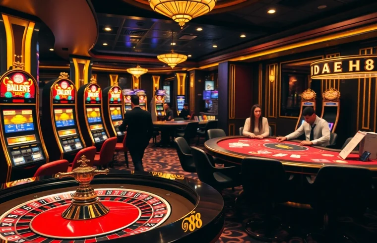 Exciting gambling atmosphere at DA88 casino with vibrant slot machines and roulette.