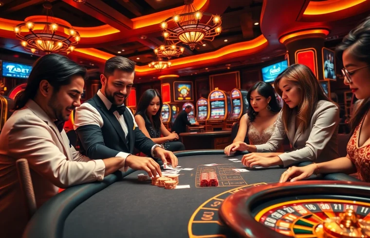 Players enjoying a thrilling round of poker at fabet's luxurious table, showcasing excitement and engagement.