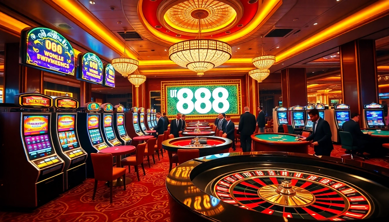 Experience the excitement of U 888 with luxury casino tables and vibrant slot machines.