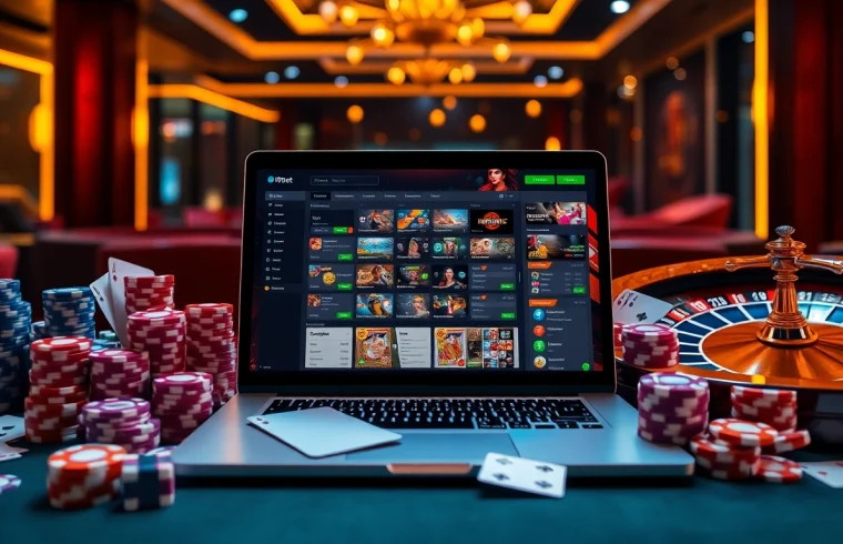 Engaging scene of i9bet online casino interface with casino elements like poker chips and roulette wheel.