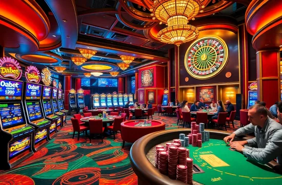 Players enjoying various games at Dabet's luxurious casino, showcasing excitement and thrill of gambling.