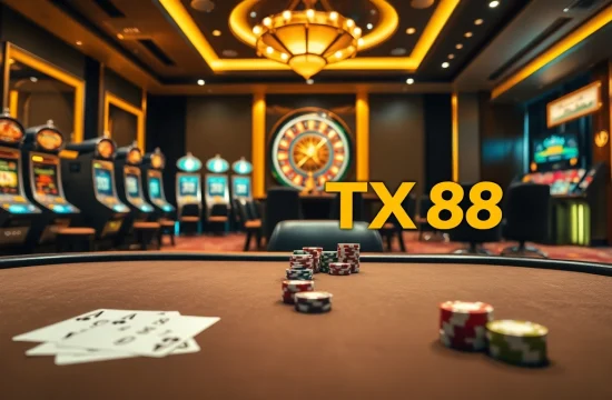 Engage with TX88 gaming excitement at a luxurious casino featuring vibrant poker and slot machines.