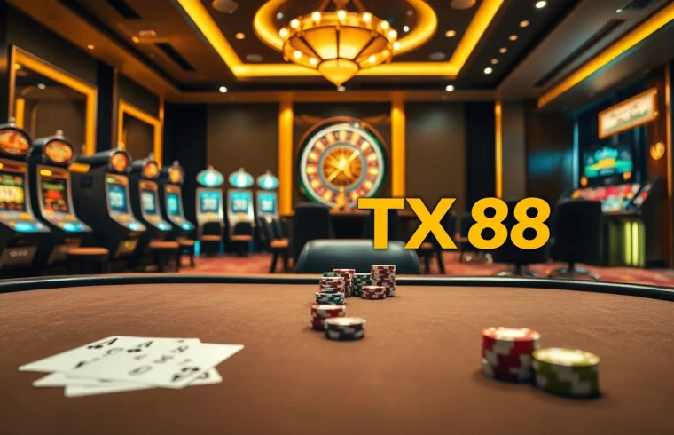 Engage with TX88 gaming excitement at a luxurious casino featuring vibrant poker and slot machines.