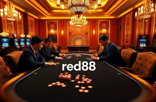 Players strategizing at a poker table in a red88 casino, showcasing excitement and luxury.