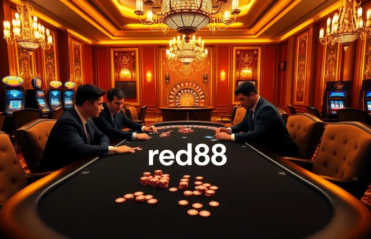 Players strategizing at a poker table in a red88 casino, showcasing excitement and luxury.
